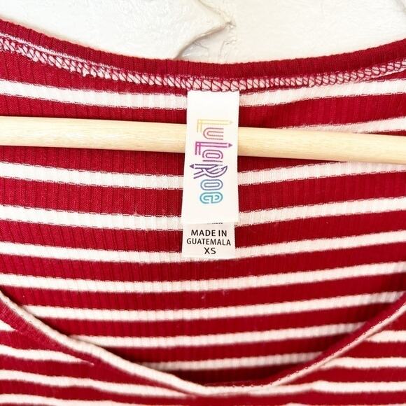 Lularoe Red White Stripe Short Sleeve Scoop Neck High Low Casual Perfect T XS - Picture 3 of 4